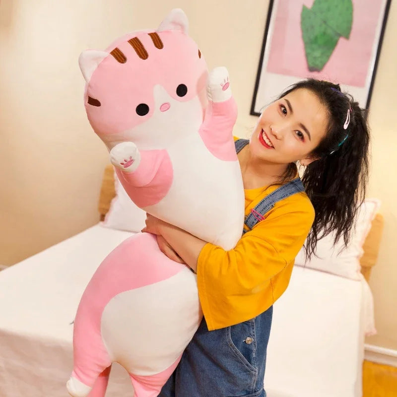 Long Kawaii Cat Plush Pillow | 19.5in Stuffed Sleeping Cat Body Pillow for Cuddling, Napping & Decor