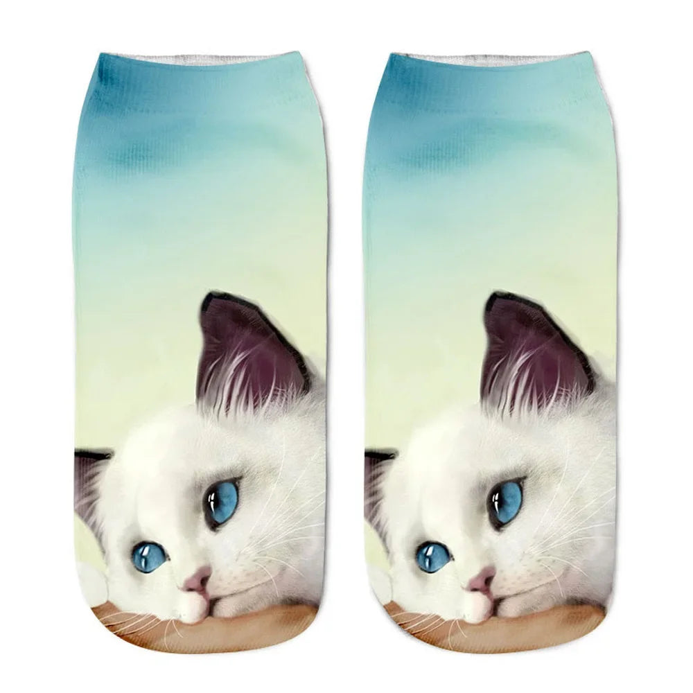 Cat Face Low Ankle Socks | Funny Cartoon Kitten Print Socks for Women & Teens – Breathable & Cozy