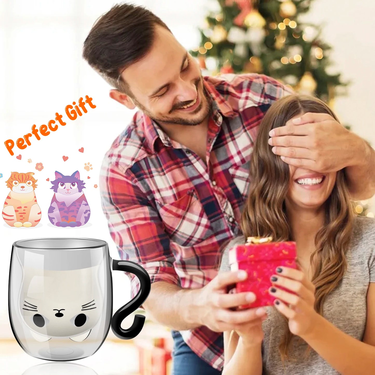 Kawaii Double-Wall Cat Mug | 250–300ml Insulated Glass Cup with Handle