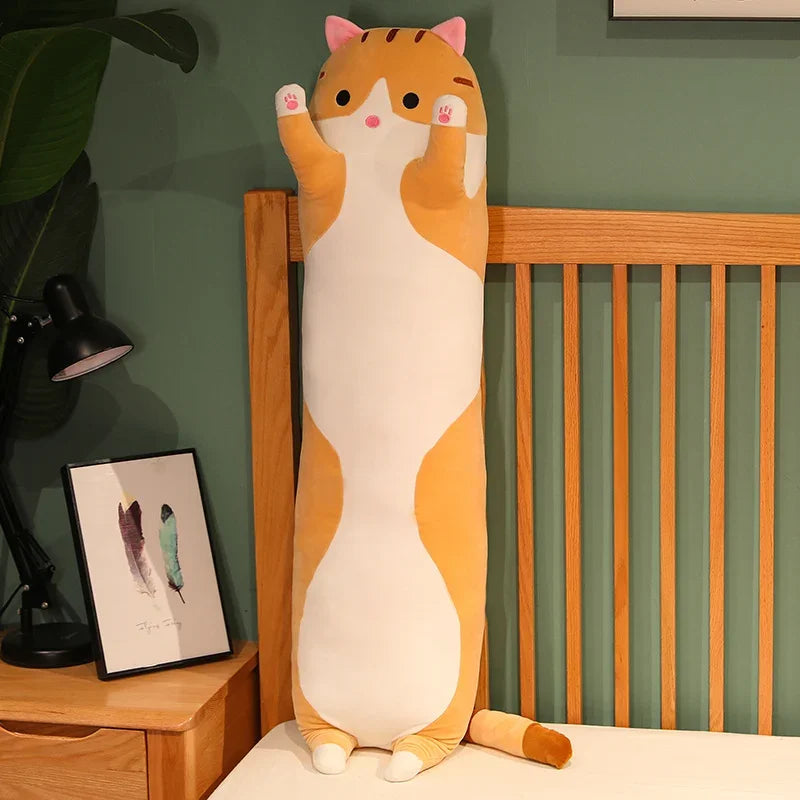 Long Kawaii Cat Plush Pillow | 19.5in Stuffed Sleeping Cat Body Pillow for Cuddling, Napping & Decor