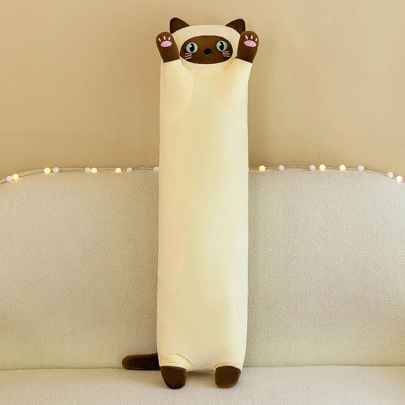 Long Kawaii Cat Plush Pillow | 19.5in Stuffed Sleeping Cat Body Pillow for Cuddling, Napping & Decor