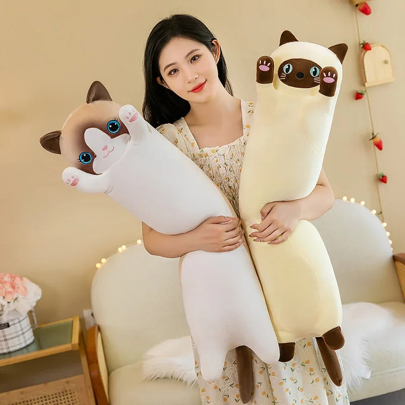 Long Kawaii Cat Plush Pillow | 19.5in Stuffed Sleeping Cat Body Pillow for Cuddling, Napping & Decor