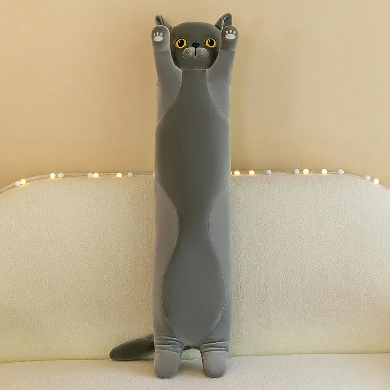 Long Kawaii Cat Plush Pillow | 19.5in Stuffed Sleeping Cat Body Pillow for Cuddling, Napping & Decor