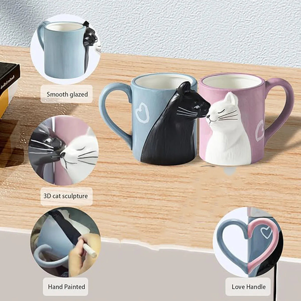 Kissing Cat Couple Mug Set | Ceramic Matching Mugs for Couples, Anniversaries, or Wedding Gifts