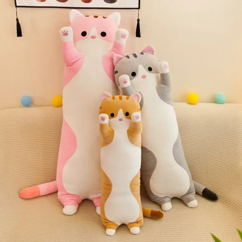 Long Kawaii Cat Plush Pillow | 19.5in Stuffed Sleeping Cat Body Pillow for Cuddling, Napping & Decor