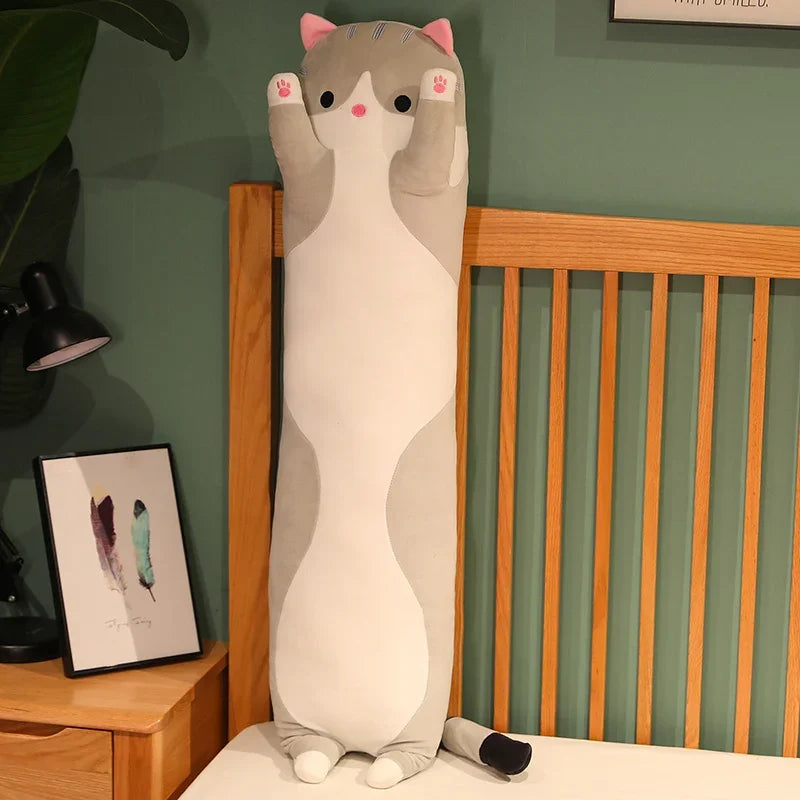 Long Kawaii Cat Plush Pillow | 19.5in Stuffed Sleeping Cat Body Pillow for Cuddling, Napping & Decor