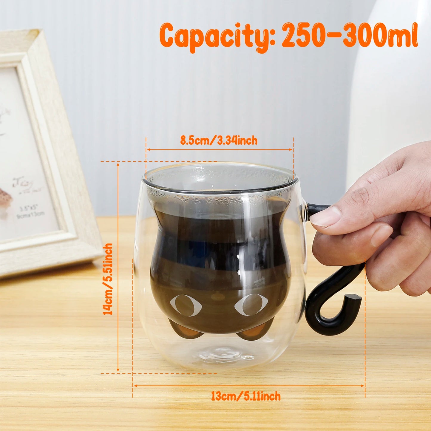 Kawaii Double-Wall Cat Mug | 250–300ml Insulated Glass Cup with Handle
