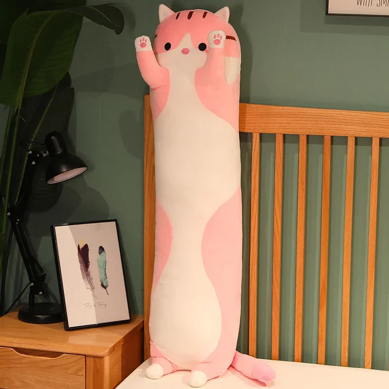 Long Kawaii Cat Plush Pillow | 19.5in Stuffed Sleeping Cat Body Pillow for Cuddling, Napping & Decor