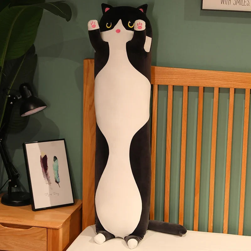 Long Kawaii Cat Plush Pillow | 19.5in Stuffed Sleeping Cat Body Pillow for Cuddling, Napping & Decor
