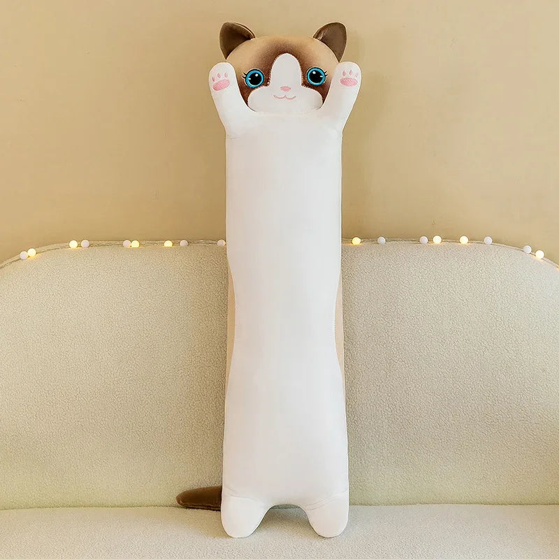Long Kawaii Cat Plush Pillow | 19.5in Stuffed Sleeping Cat Body Pillow for Cuddling, Napping & Decor