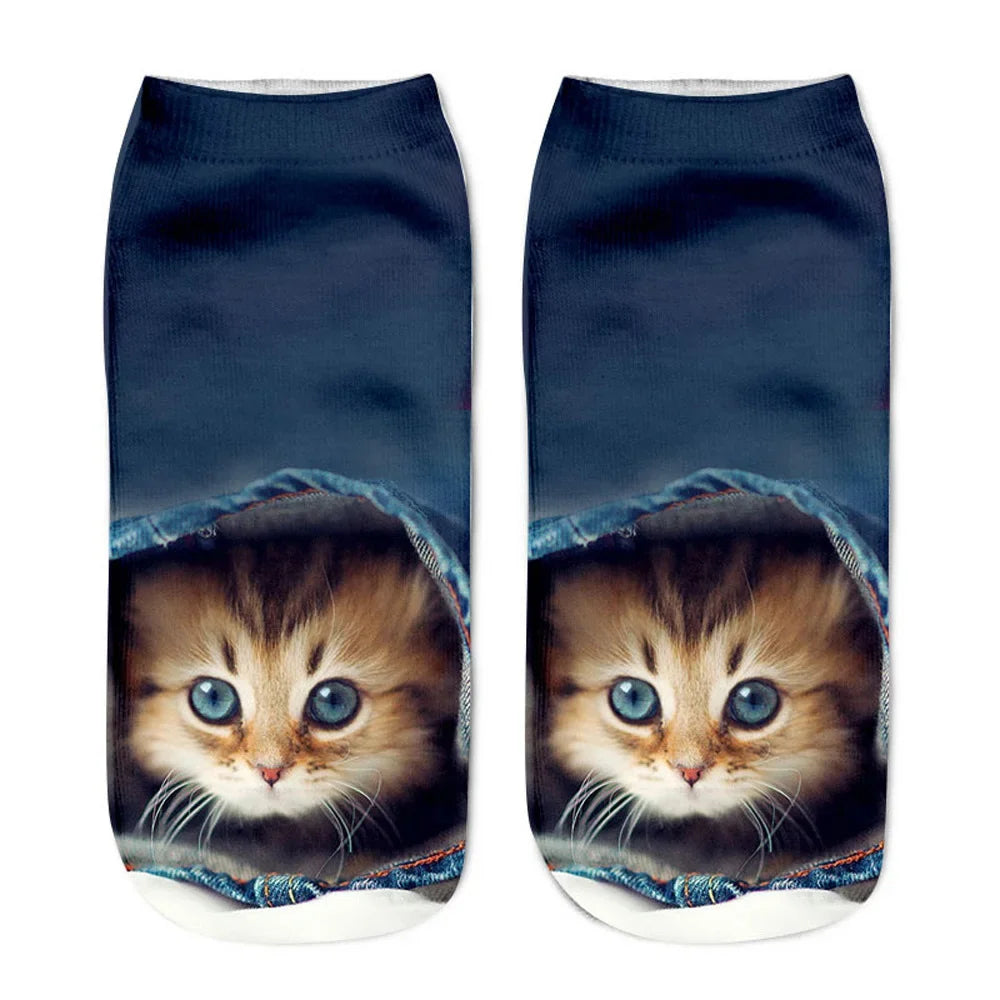 Cat Face Low Ankle Socks | Funny Cartoon Kitten Print Socks for Women & Teens – Breathable & Cozy