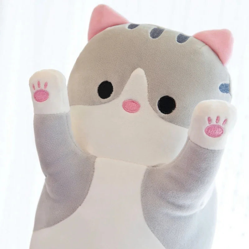 Long Kawaii Cat Plush Pillow | 19.5in Stuffed Sleeping Cat Body Pillow for Cuddling, Napping & Decor