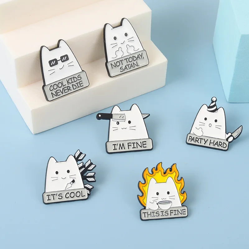 Funny Cartoon Cat Enamel Pins | “I’m Fine” Quote Lapel Badge for Jackets, Backpacks & Gifts