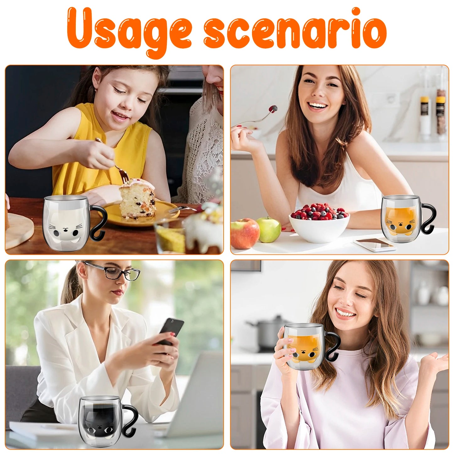 Kawaii Double-Wall Cat Mug | 250–300ml Insulated Glass Cup with Handle