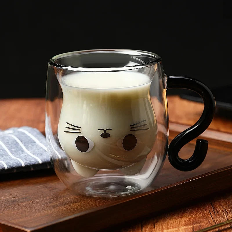 Kawaii Double-Wall Cat Mug | 250–300ml Insulated Glass Cup with Handle