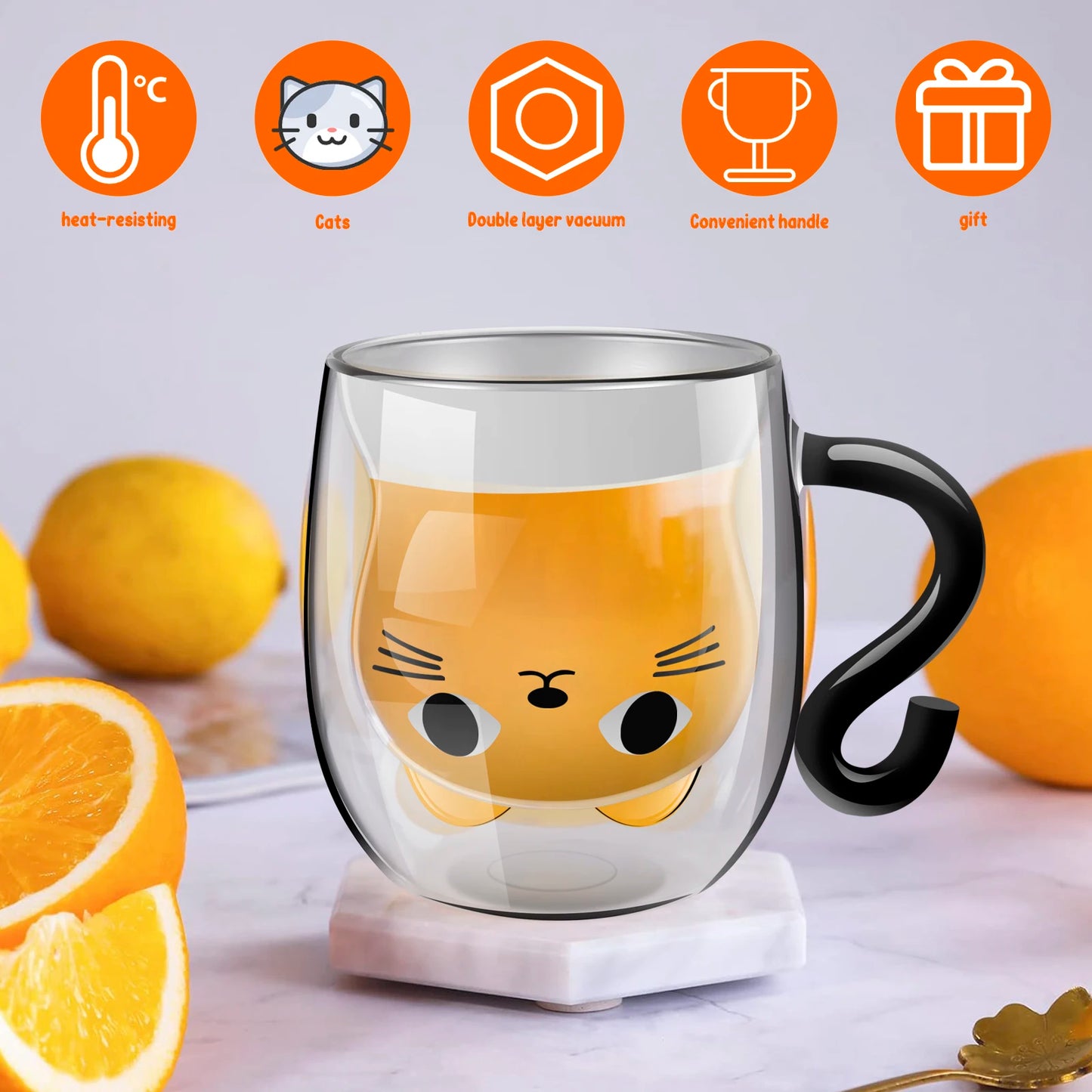 Kawaii Double-Wall Cat Mug | 250–300ml Insulated Glass Cup with Handle