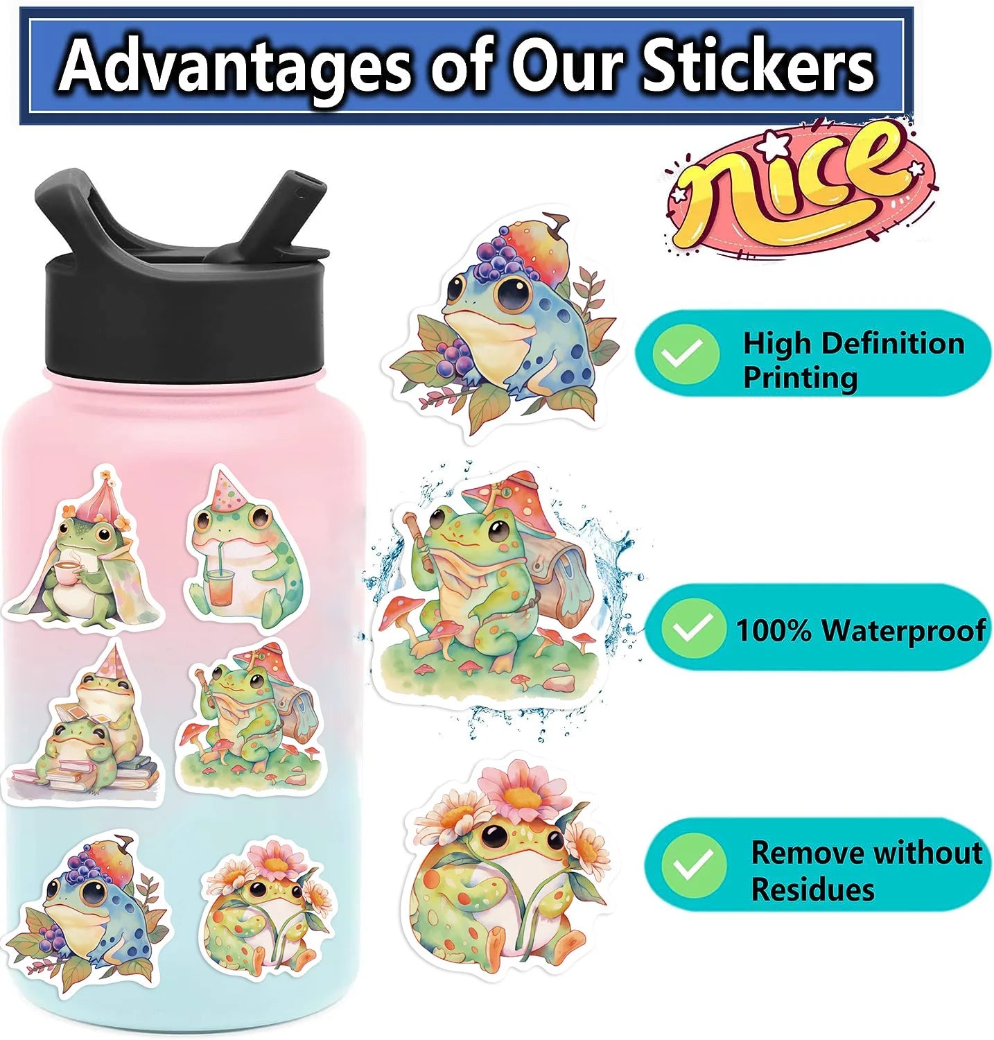 50pcs Kawaii Fat Frog Stickers | Waterproof Cute Vinyl Decals for Water Bottles, Laptops, Skateboards, and More