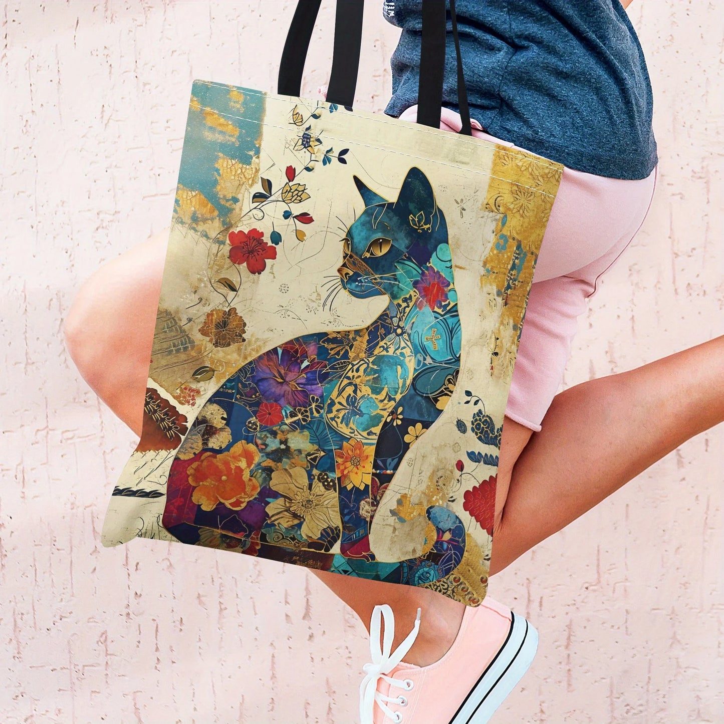 Floral Cat Canvas Tote Bag | Lightweight, Foldable Eco Bag for Groceries, School, and Everyday Use