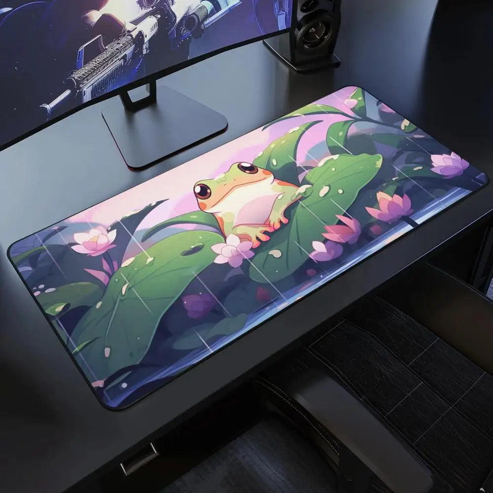 Kawaii Frog Gaming Desk Mat XXL | Large Waterproof Mousepad | Cute Green Aesthetic Lofi Nature Desk Setup