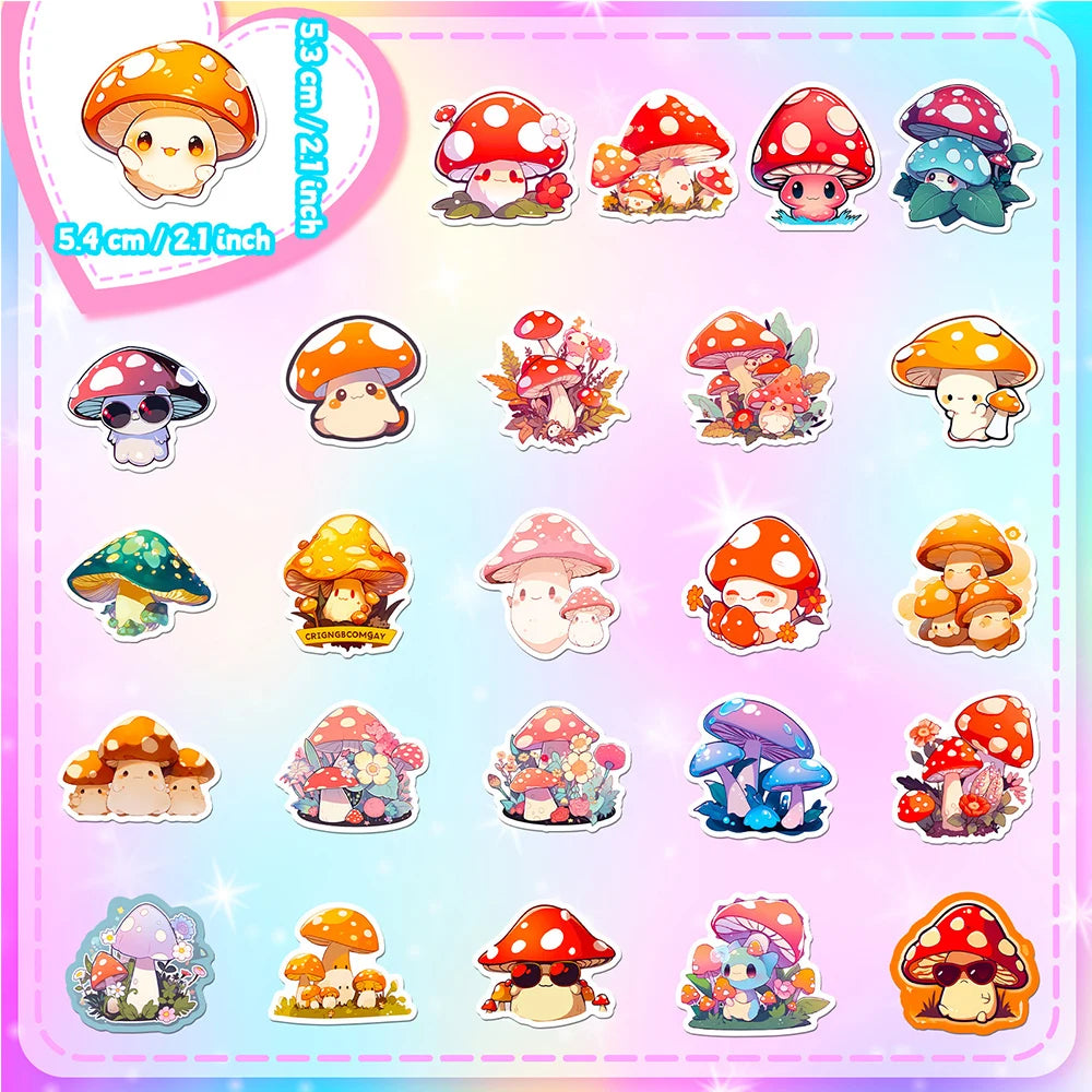 Kawaii Mushroom Sticker Pack – 10/30/50/100 Waterproof Vinyl Stickers