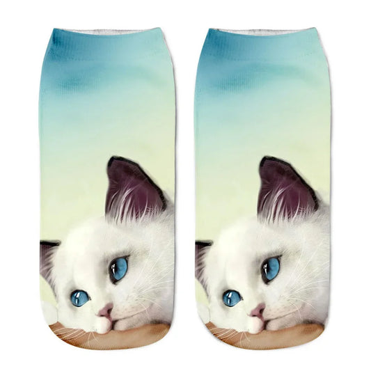 Cat Face Low Ankle Socks | Funny Cartoon Kitten Print Socks for Women & Teens – Breathable & Cozy
