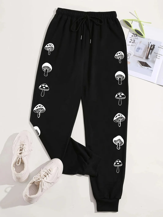 Kawaii Mushroom Sweatpants – Elastic Waist Joggers with Drawstring