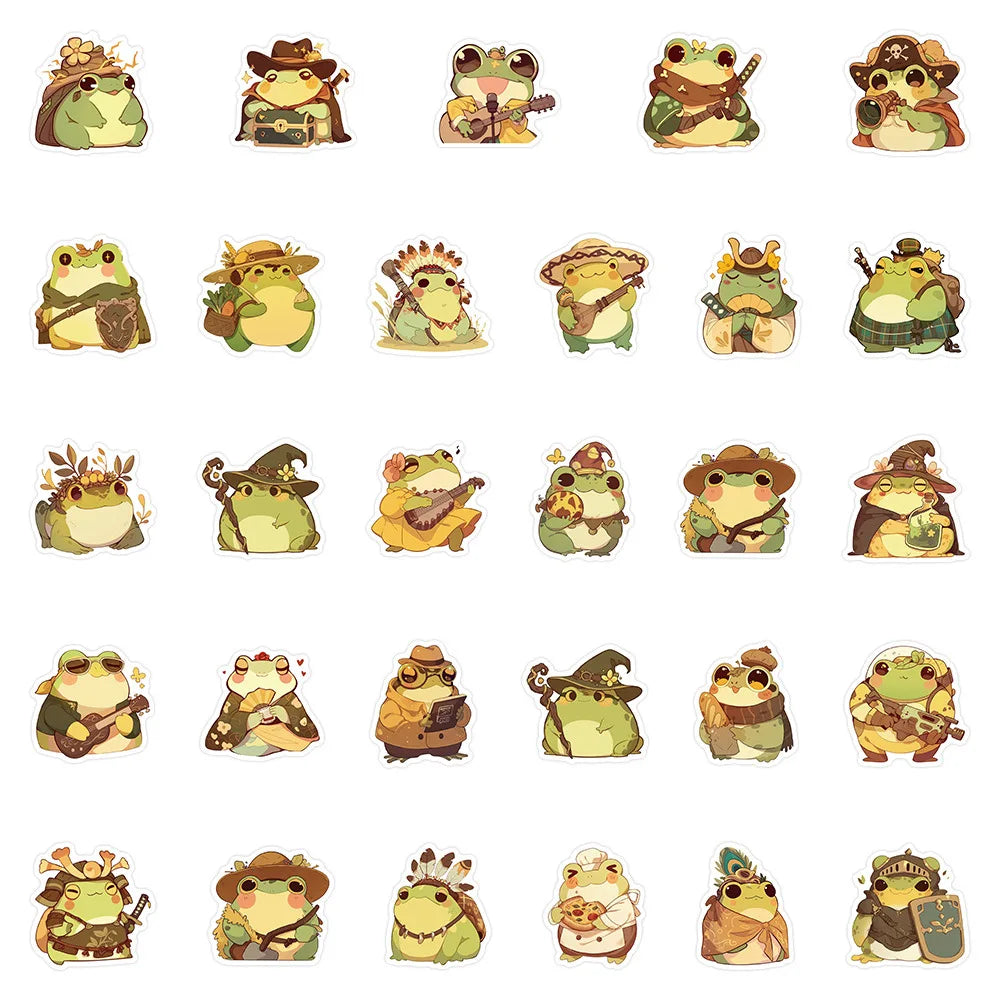 Kawaii Frog Cartoon Stickers Set | 10/30/50pcs Waterproof Retro Style Cute Animal Stickers for Laptop, Phone, Guitar, Skateboard