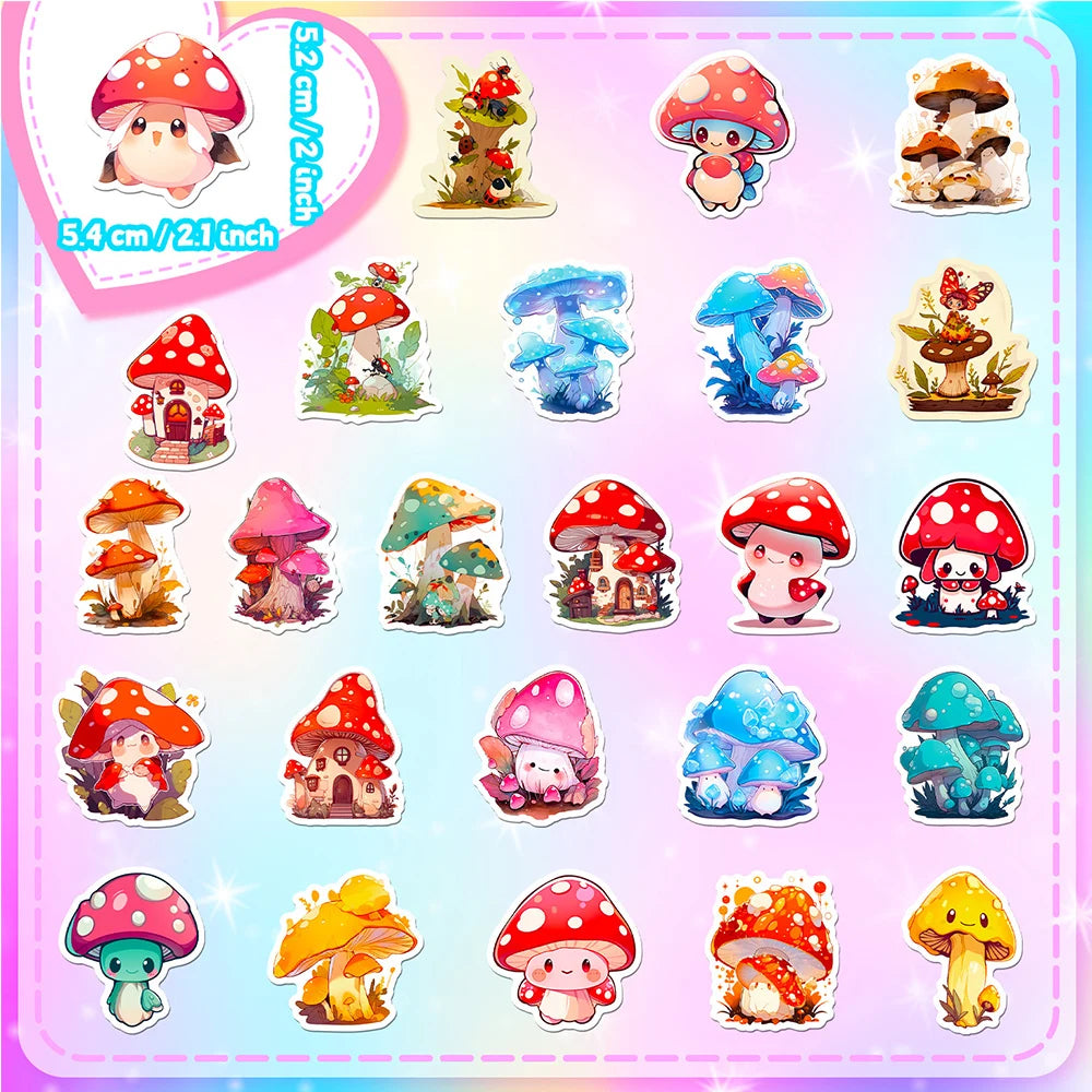 Kawaii Mushroom Sticker Pack – 10/30/50/100 Waterproof Vinyl Stickers