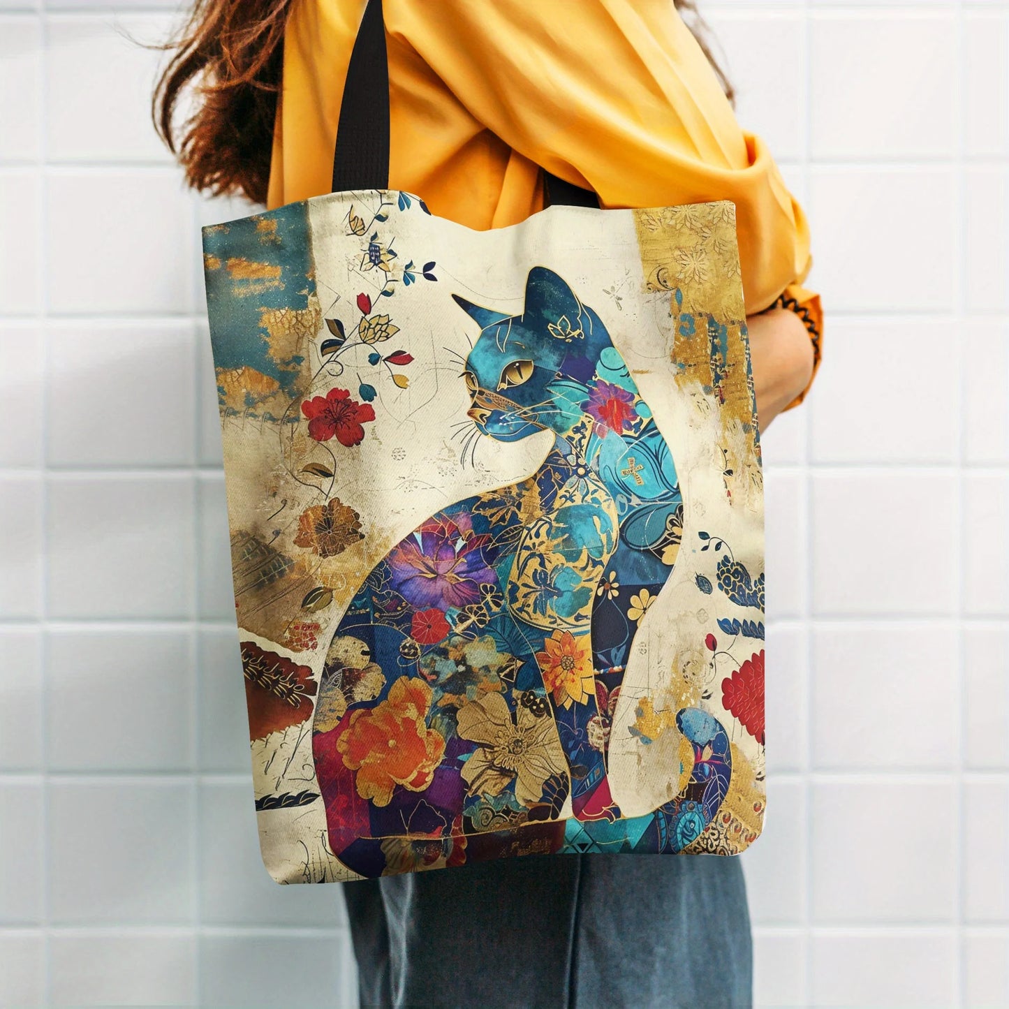 Floral Cat Canvas Tote Bag | Lightweight, Foldable Eco Bag for Groceries, School, and Everyday Use
