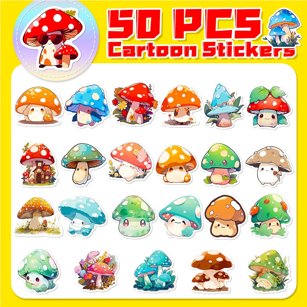 Kawaii Mushroom Sticker Pack – 10/30/50/100 Waterproof Vinyl Stickers