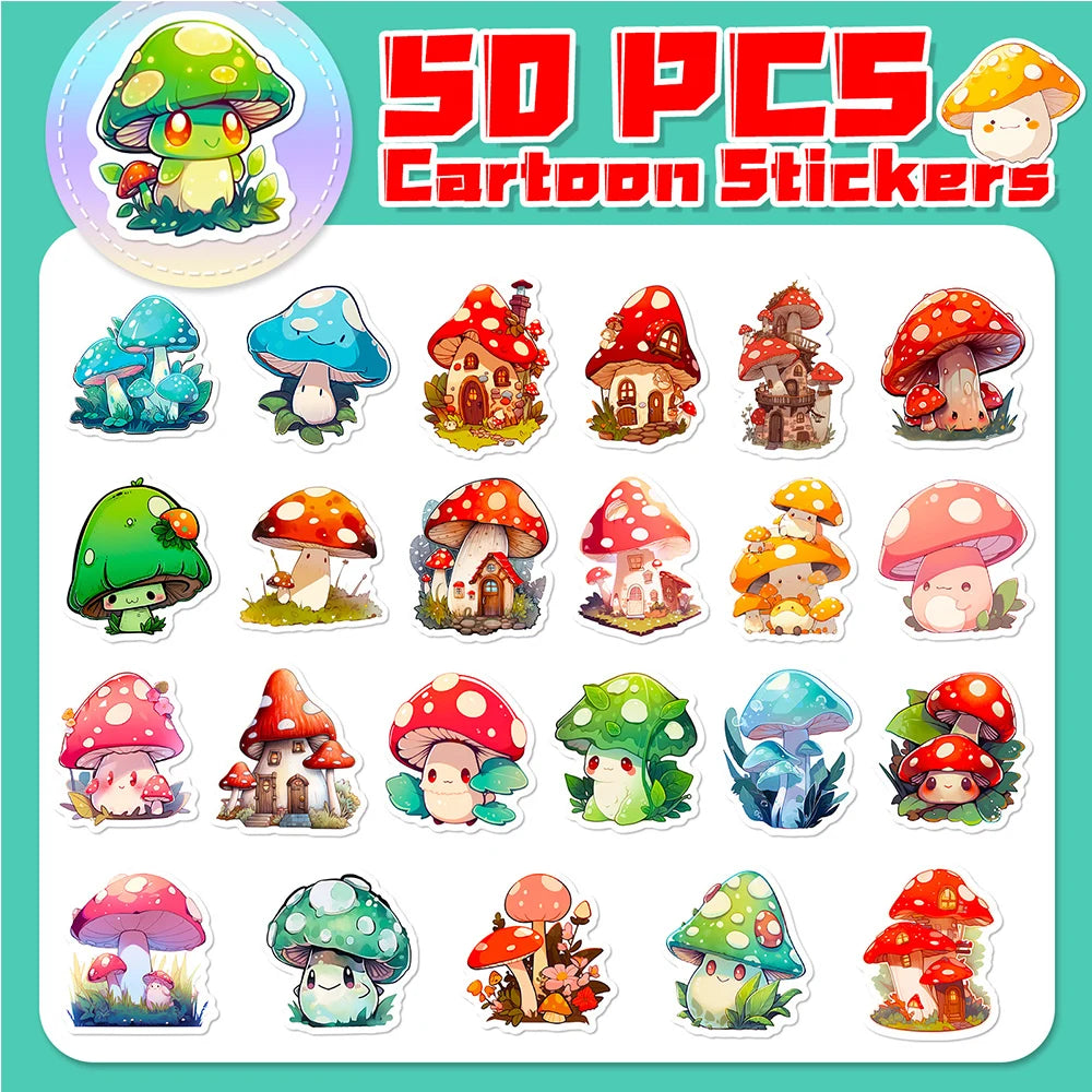 Kawaii Mushroom Sticker Pack – 10/30/50/100 Waterproof Vinyl Stickers