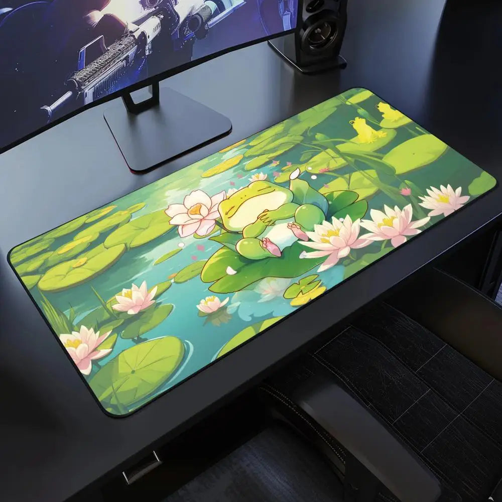 Kawaii Frog Gaming Desk Mat XXL | Large Waterproof Mousepad | Cute Green Aesthetic Lofi Nature Desk Setup