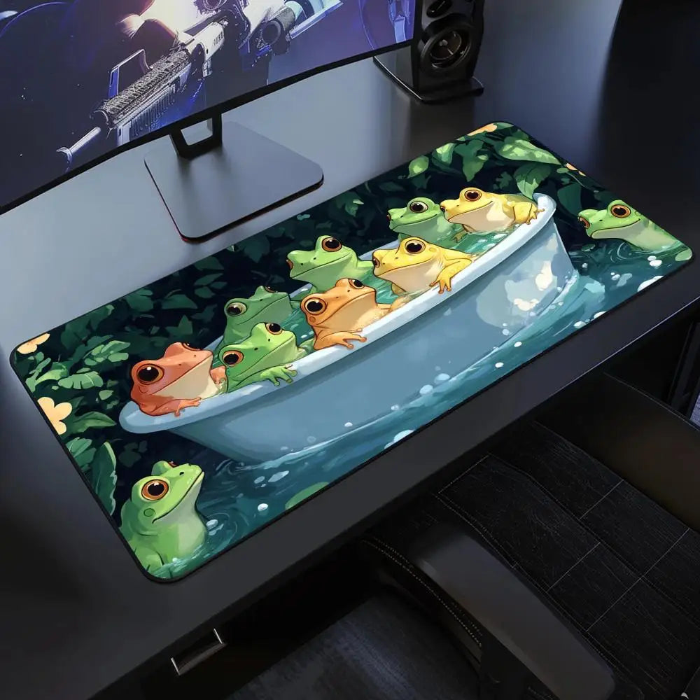 Kawaii Frog Gaming Desk Mat XXL | Large Waterproof Mousepad | Cute Green Aesthetic Lofi Nature Desk Setup