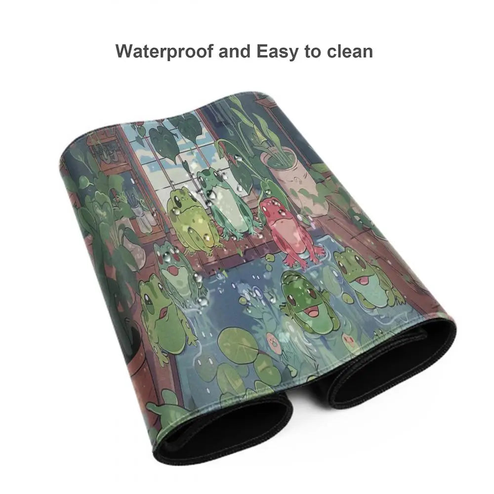 Kawaii Frog Gaming Desk Mat XXL | Large Waterproof Mousepad | Cute Green Aesthetic Lofi Nature Desk Setup