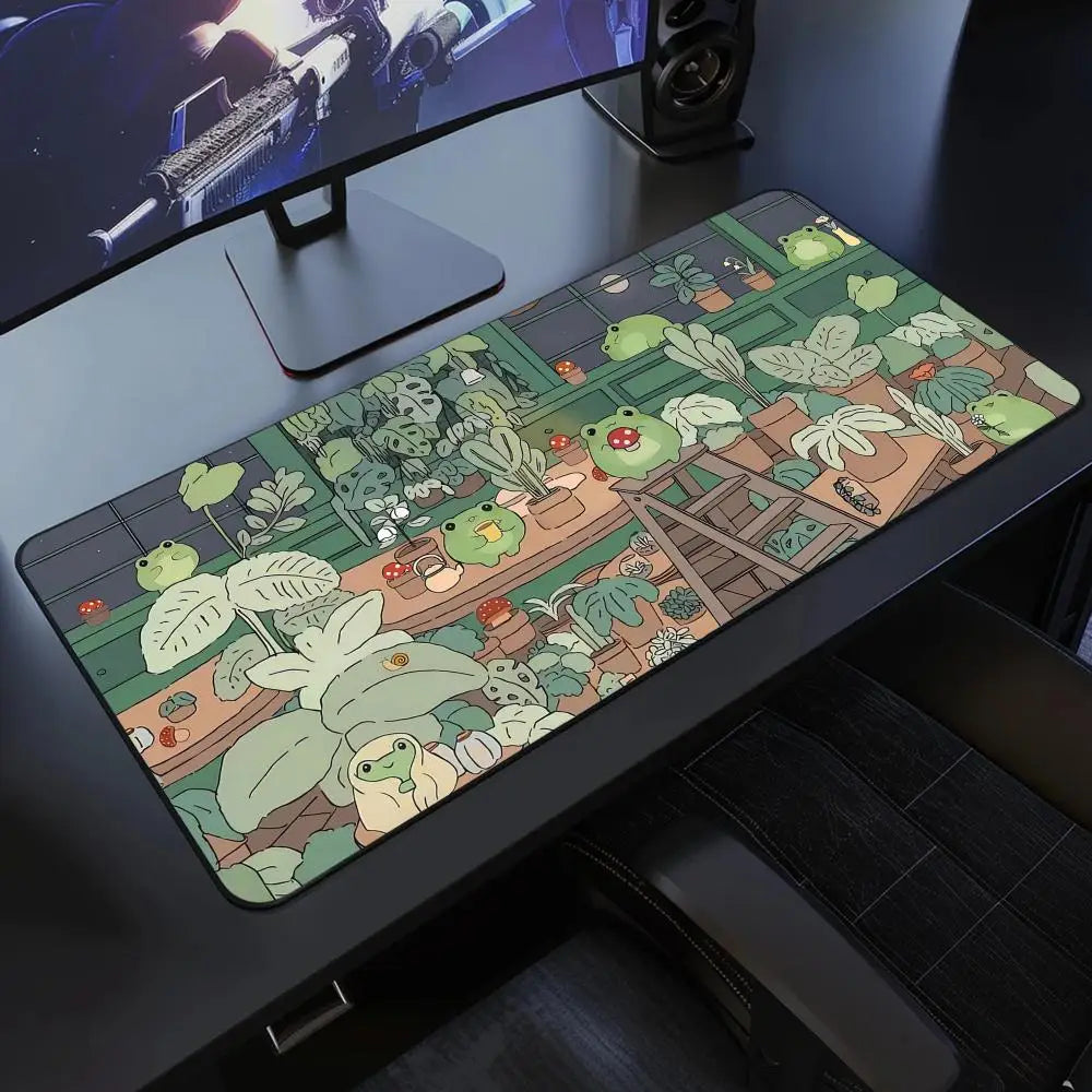 Kawaii Frog Gaming Desk Mat XXL | Large Waterproof Mousepad | Cute Green Aesthetic Lofi Nature Desk Setup