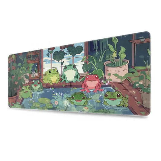 Kawaii Frog Gaming Desk Mat XXL | Large Waterproof Mousepad | Cute Green Aesthetic Lofi Nature Desk Setup