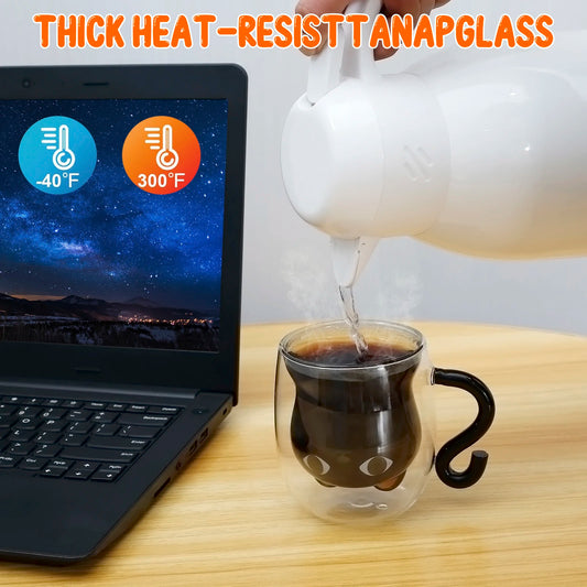 Kawaii Double-Wall Cat Mug | 250–300ml Insulated Glass Cup with Handle