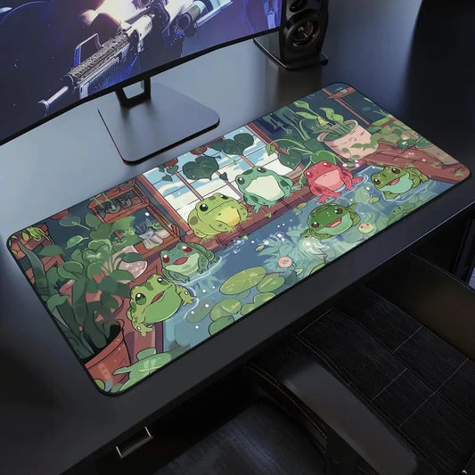 Kawaii Frog Gaming Desk Mat XXL | Large Waterproof Mousepad | Cute Green Aesthetic Lofi Nature Desk Setup