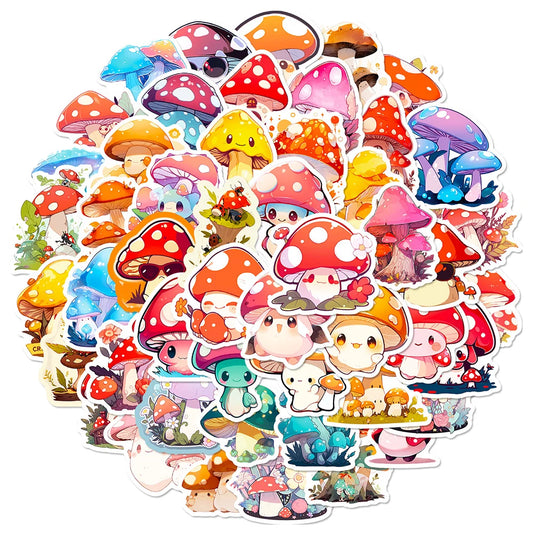 Kawaii Mushroom Sticker Pack – 10/30/50/100 Waterproof Vinyl Stickers