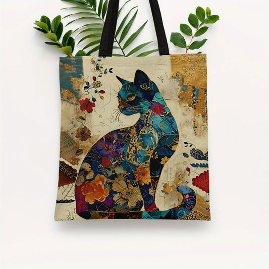 Floral Cat Canvas Tote Bag | Lightweight, Foldable Eco Bag for Groceries, School, and Everyday Use
