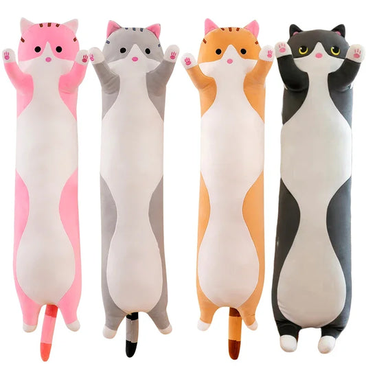 Long Kawaii Cat Plush Pillow | 19.5in Stuffed Sleeping Cat Body Pillow for Cuddling, Napping & Decor