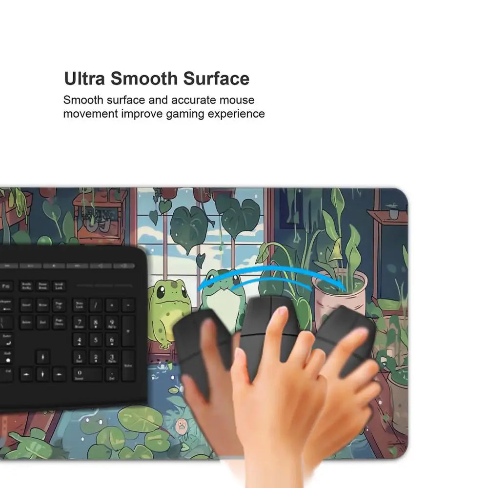 Kawaii Frog Gaming Desk Mat XXL | Large Waterproof Mousepad | Cute Green Aesthetic Lofi Nature Desk Setup