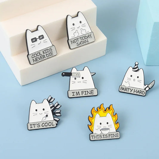 Funny Cartoon Cat Enamel Pins | “I’m Fine” Quote Lapel Badge for Jackets, Backpacks & Gifts