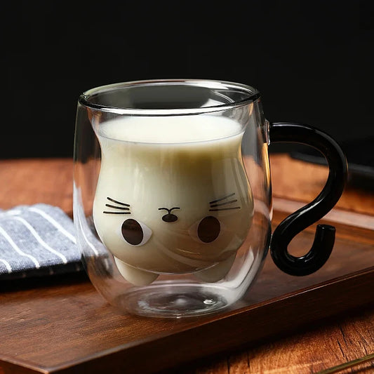 Kawaii Double-Wall Cat Mug | 250–300ml Insulated Glass Cup with Handle