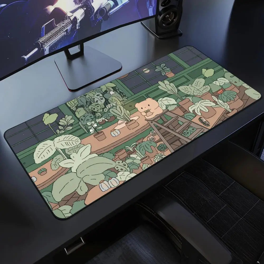 Kawaii Frog Gaming Desk Mat XXL | Large Waterproof Mousepad | Cute Green Aesthetic Lofi Nature Desk Setup