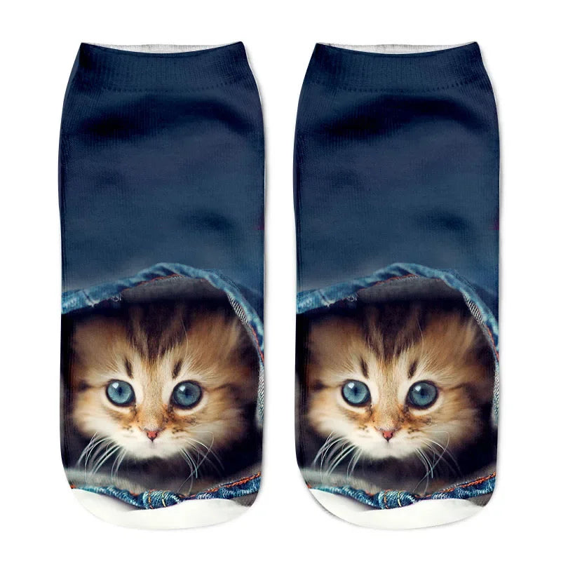 Cat Face Low Ankle Socks | Funny Cartoon Kitten Print Socks for Women & Teens – Breathable & Cozy